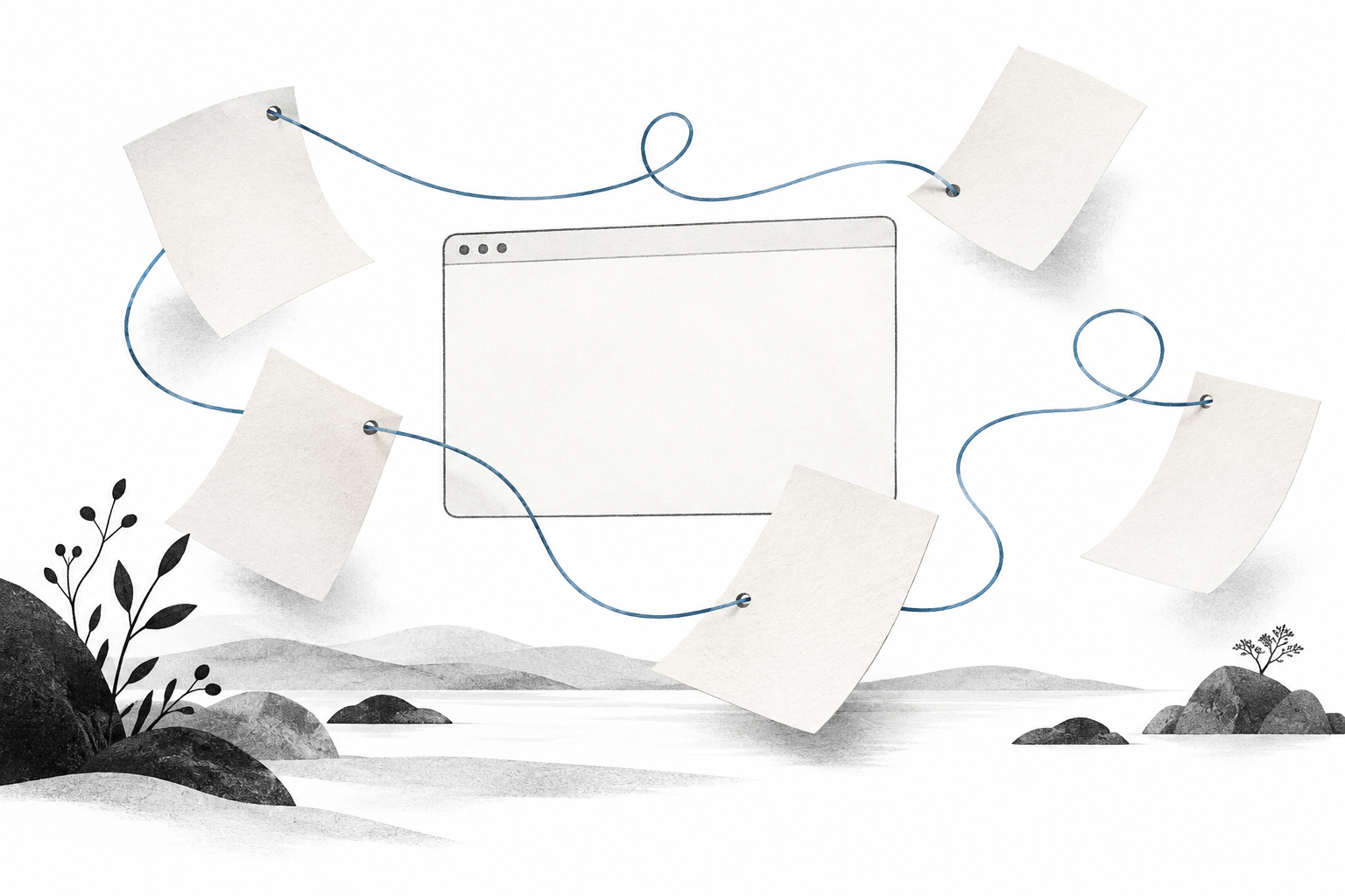 En tråd binder samman sidor i ett webbläsarfönster. AI-genererad illustration.