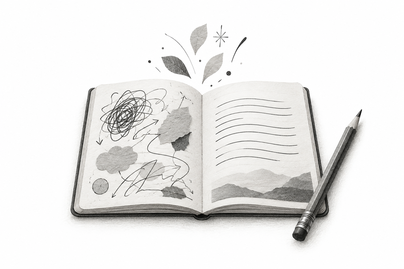 Anteckningsbok, penna och små idégnistor. AI-genererad illustration.