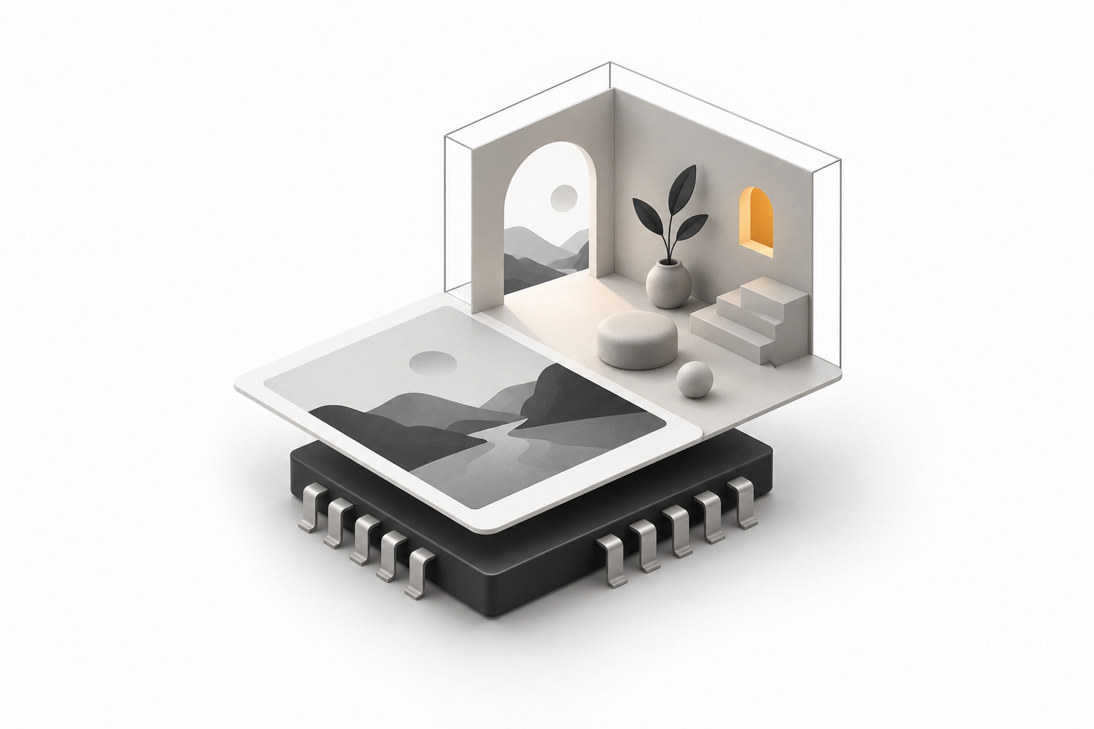 En platt bild vecklar ut sig till ett litet tredimensionellt rum ovanpå ett datorchip. AI-genererad illustration.