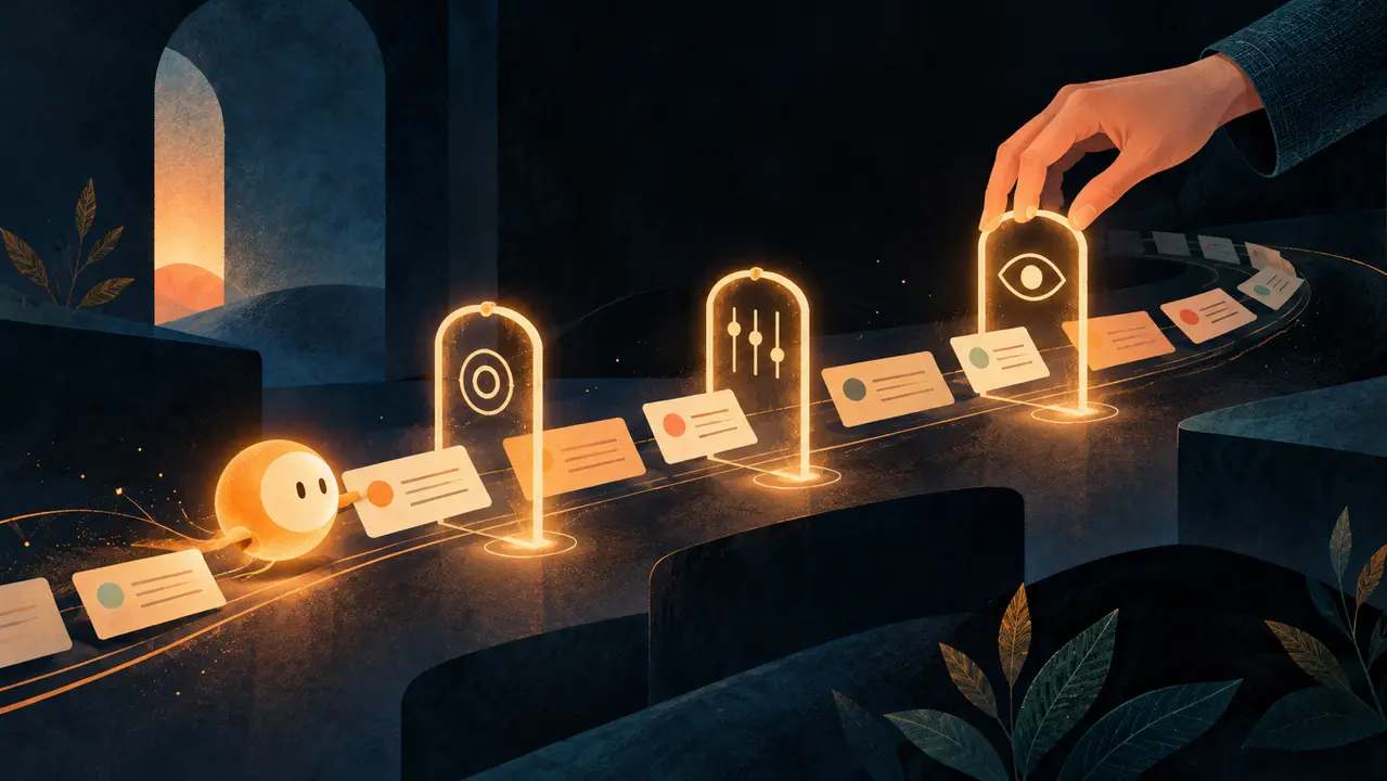 A warm glowing AI assistant carries task cards through three checkpoints placed by a human hand.